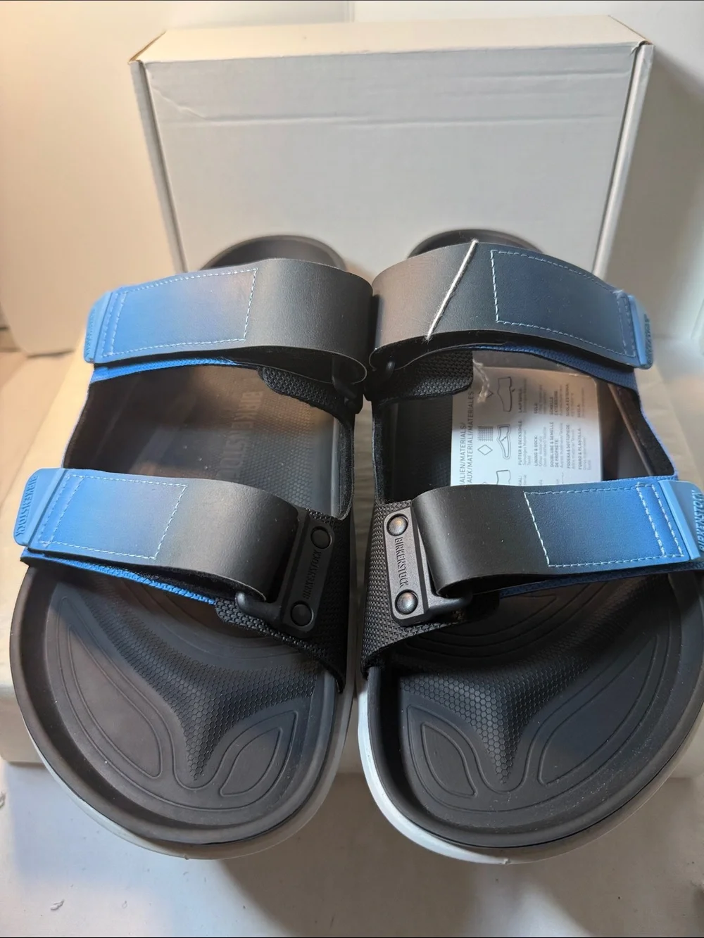 Birkenstock Two-Strap Slide Sandals in Black and Blue
